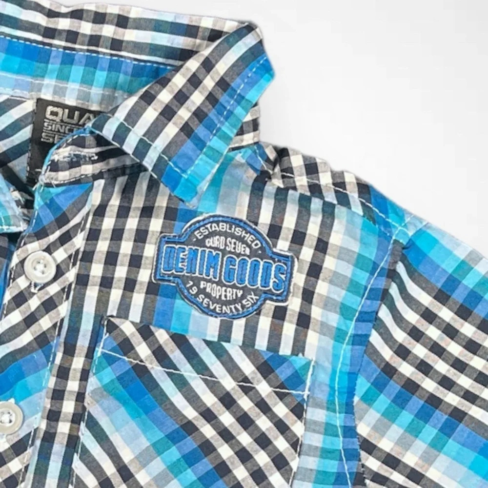 4/$20  Quad Blue Checkered Button Down Shirt - Picture 2 of 4